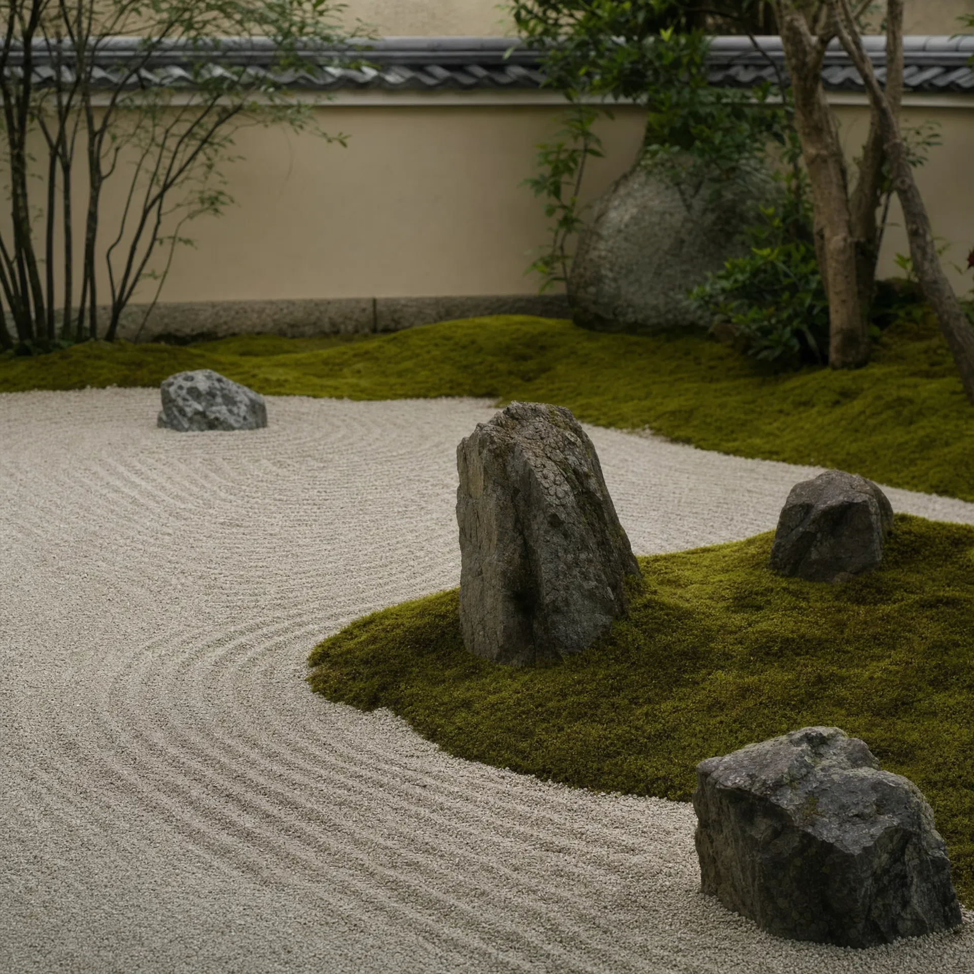 枯山水庭院景观作品：耙制的砂砾与苔藓置石